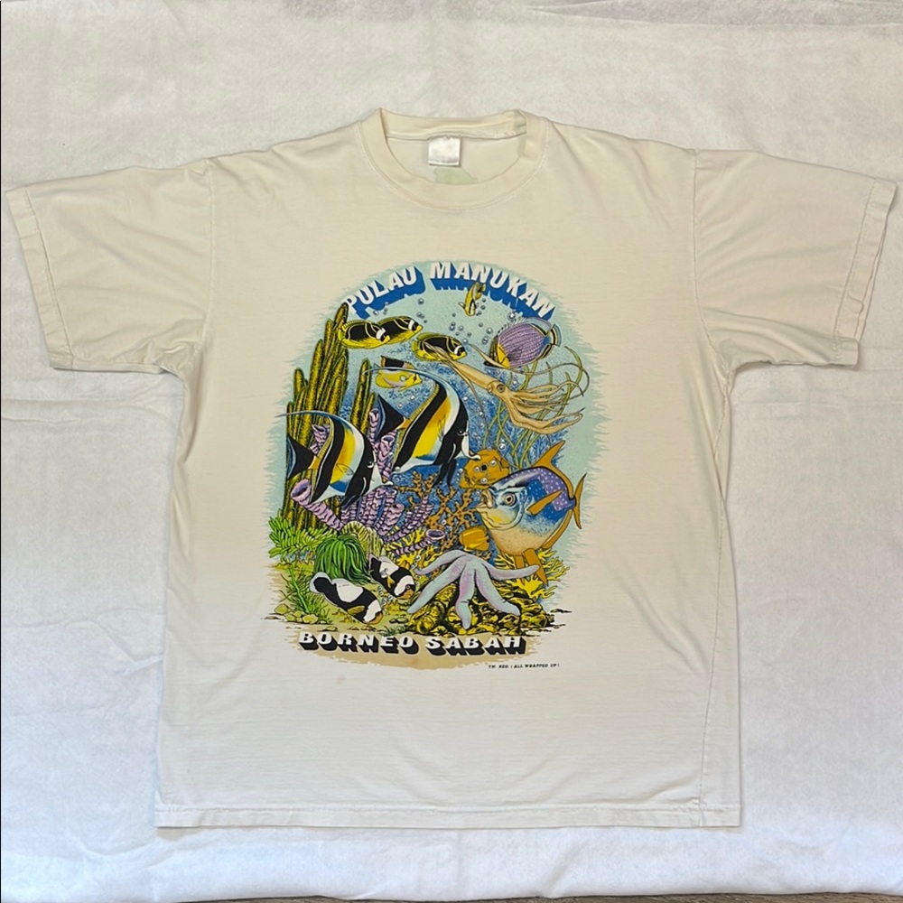 Vintage 90s Pulau Manukan Ocean Fish Borneo Sabah Exotic Diving Cotton XL Reef